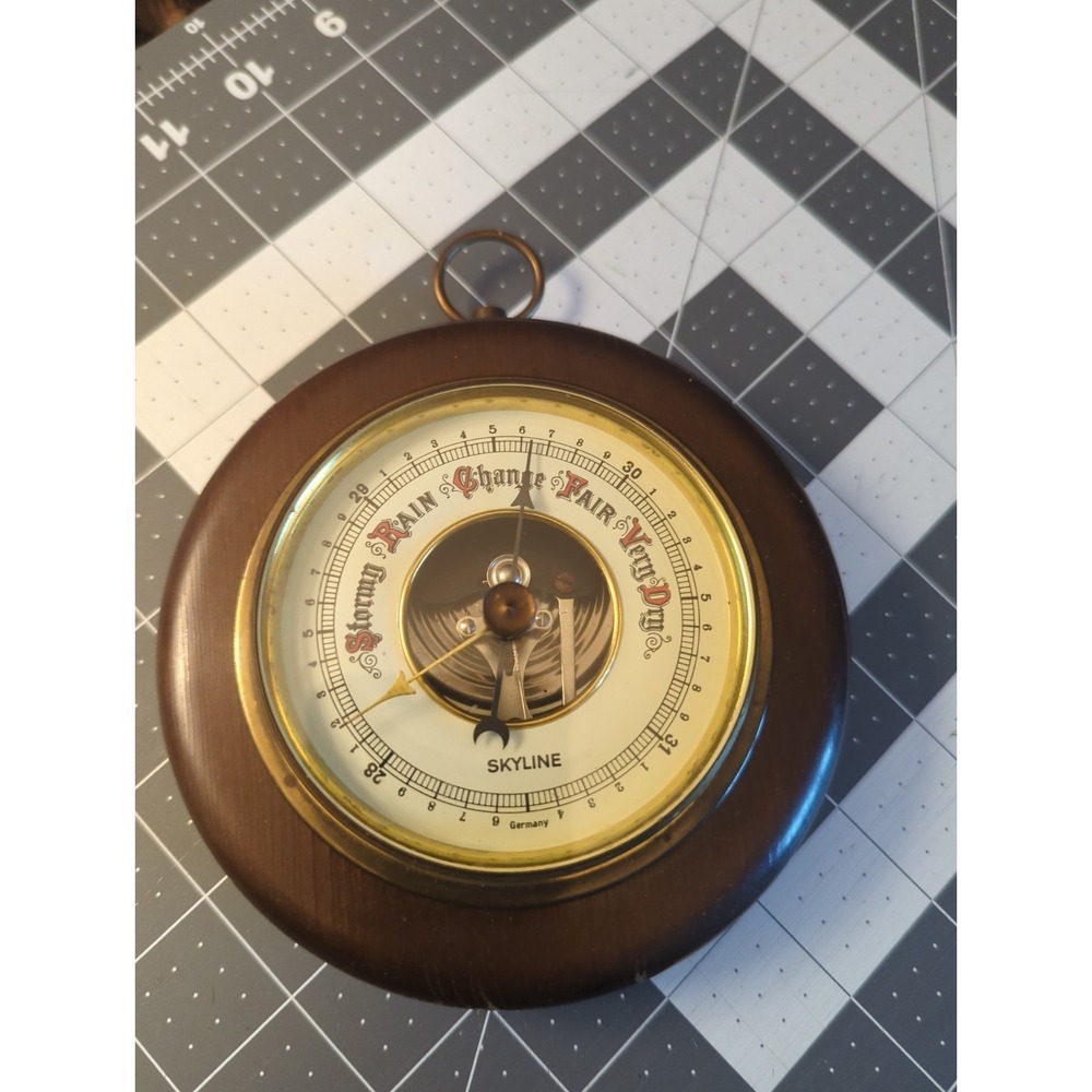 Vintage Skyline Aneroid Barometer Made in Germany Wood Brass Bezel